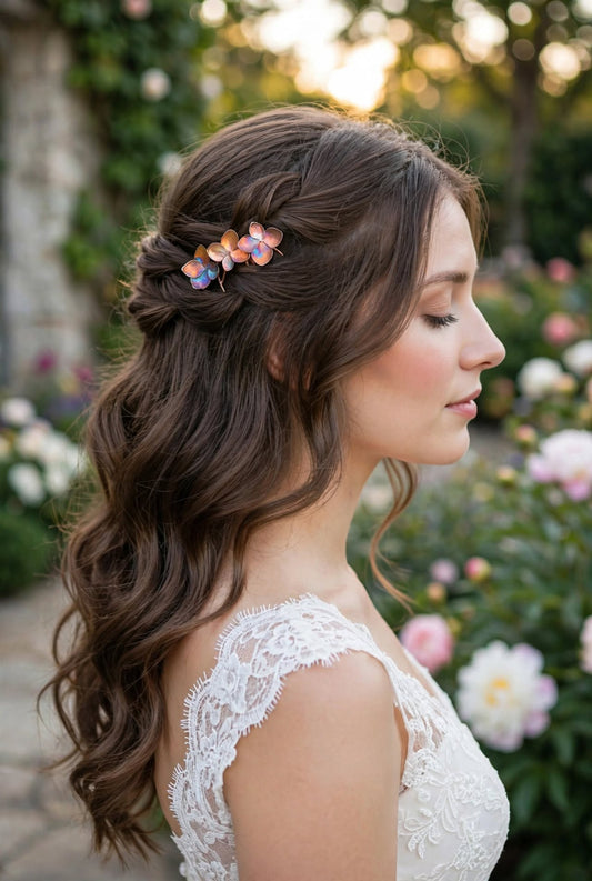 Acessorio para cabelo com flor de hortensia