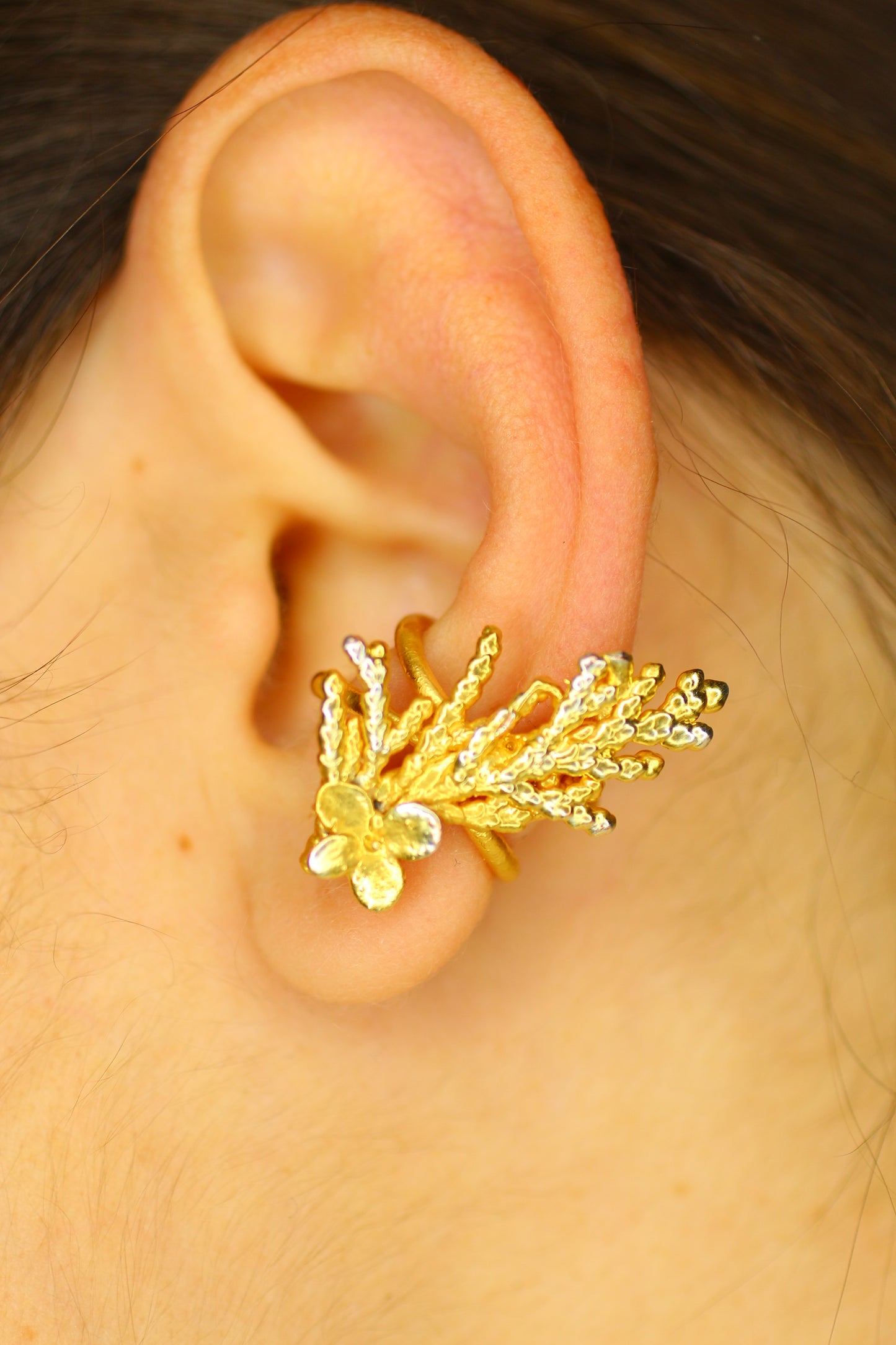 Ear cuff com ramo de tuia e flor de hortensia