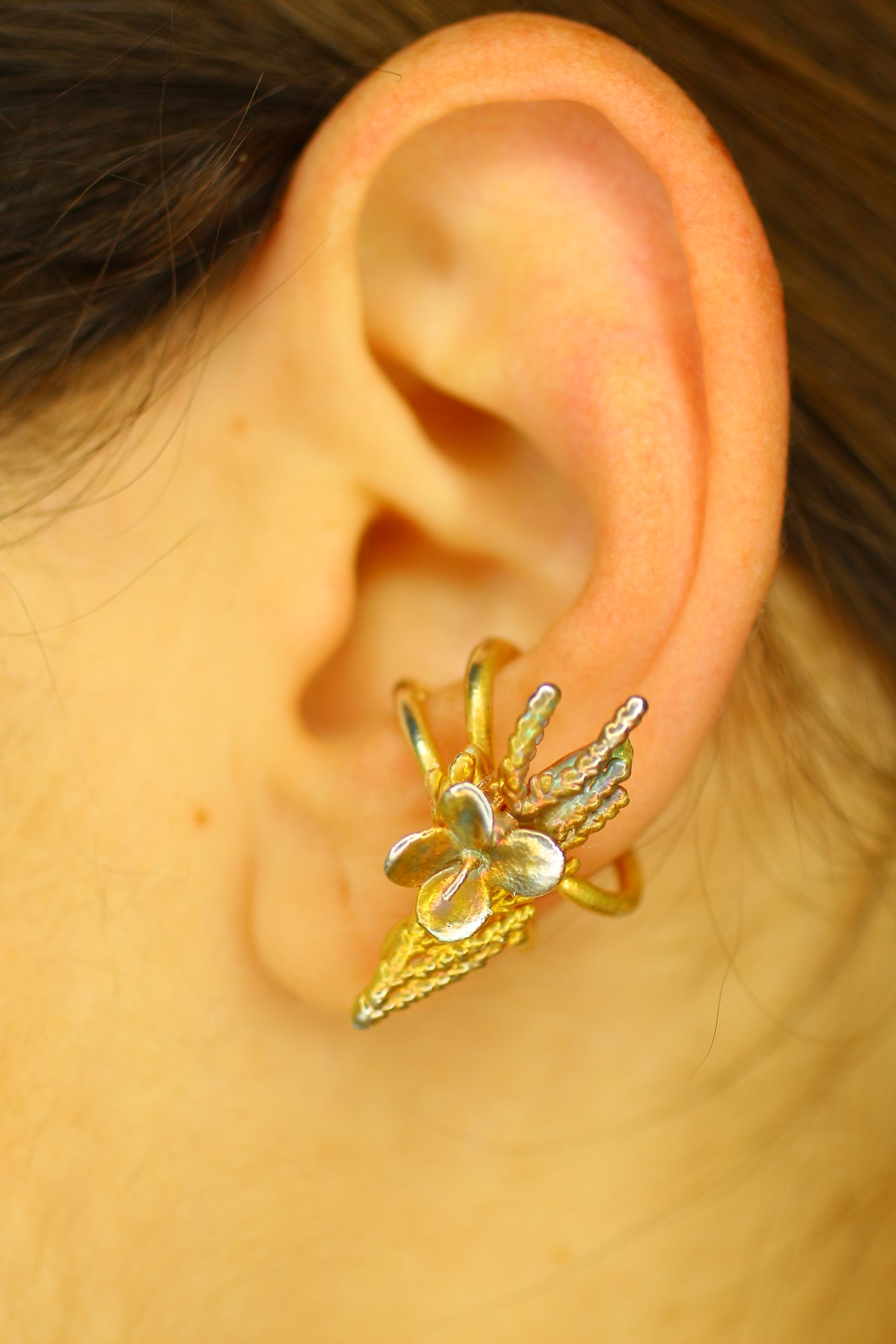 Ear cuff com ramo de tuia e flor de hortensia
