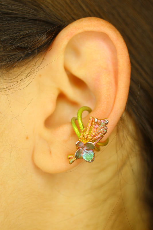 Ear cuff com ramo de tuia e flor de hortensia
